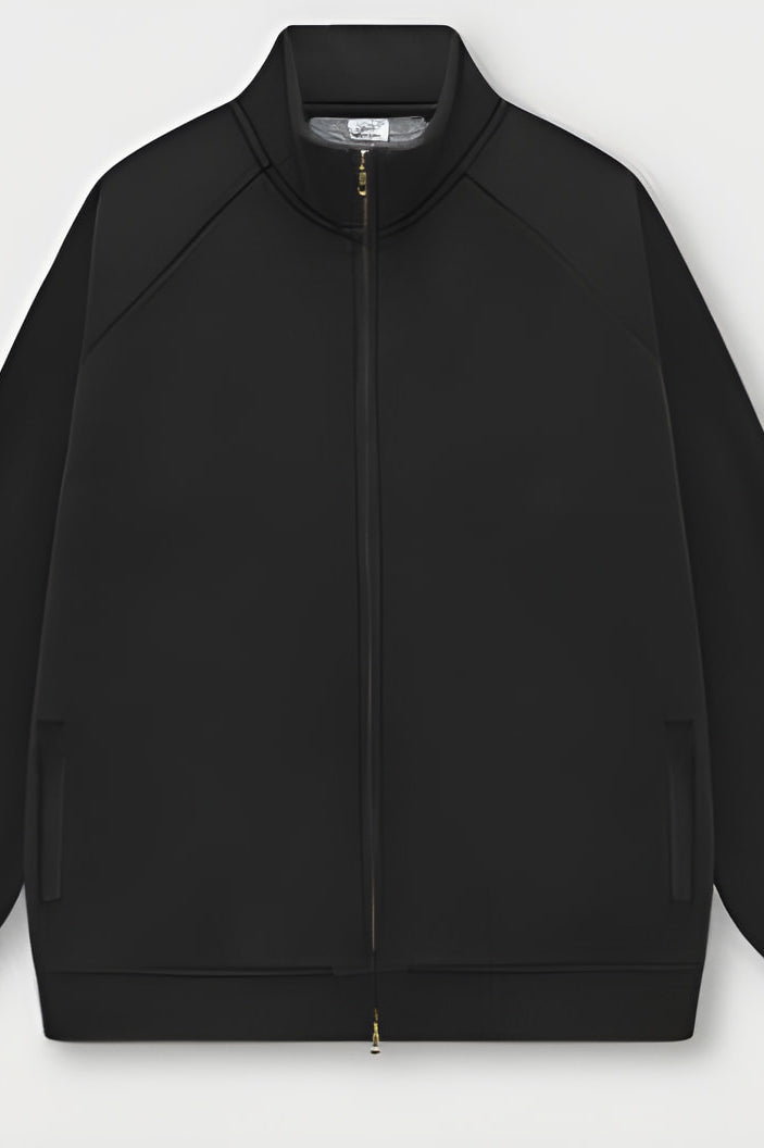 Black zip-up track jacket with ribbed collar and cuffs for stylish winter fashion ملابس