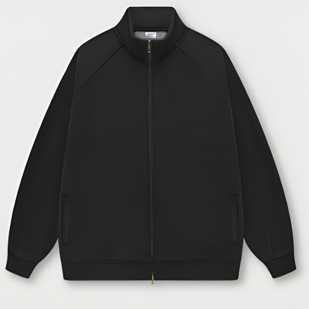 Black zip-up track jacket with ribbed collar and cuffs for stylish winter fashion ملابس