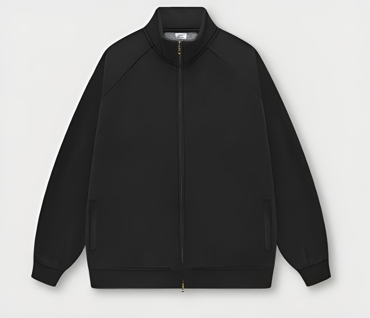 Black zip-up track jacket with ribbed collar and cuffs for stylish winter fashion ملابس