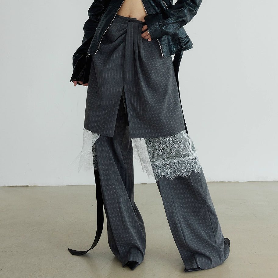 Gray pleated wide-leg casual pants suit with white lace trim for a stylish look