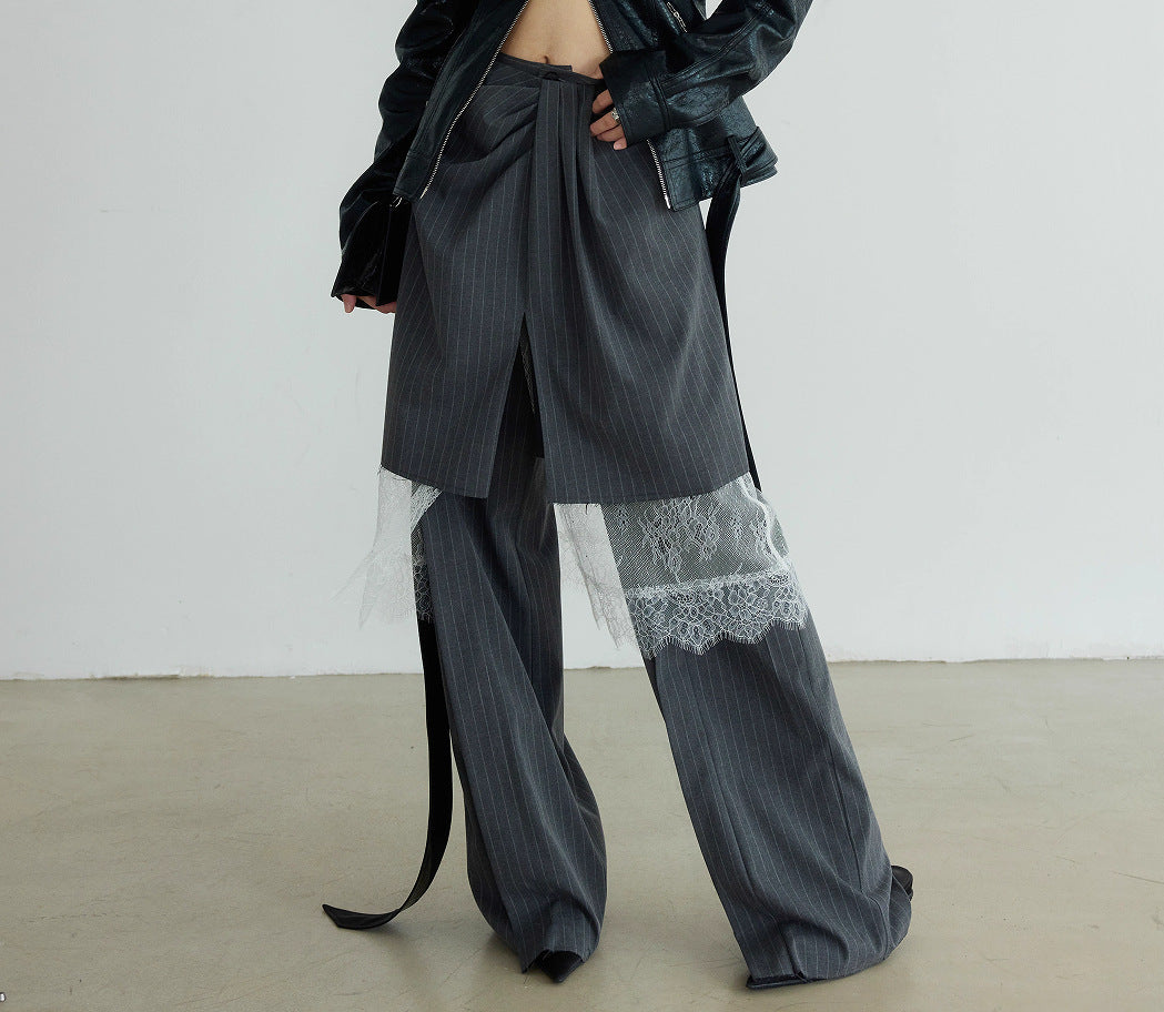 Gray pleated wide-leg casual pants suit with white lace trim for a stylish look