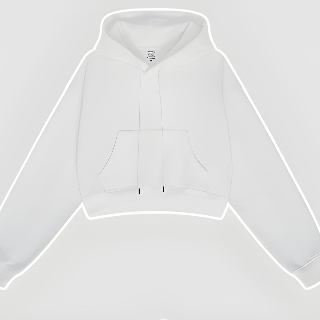 White cropped zip-up hoodie with kangaroo pocket, perfect for winter fashion by Langry