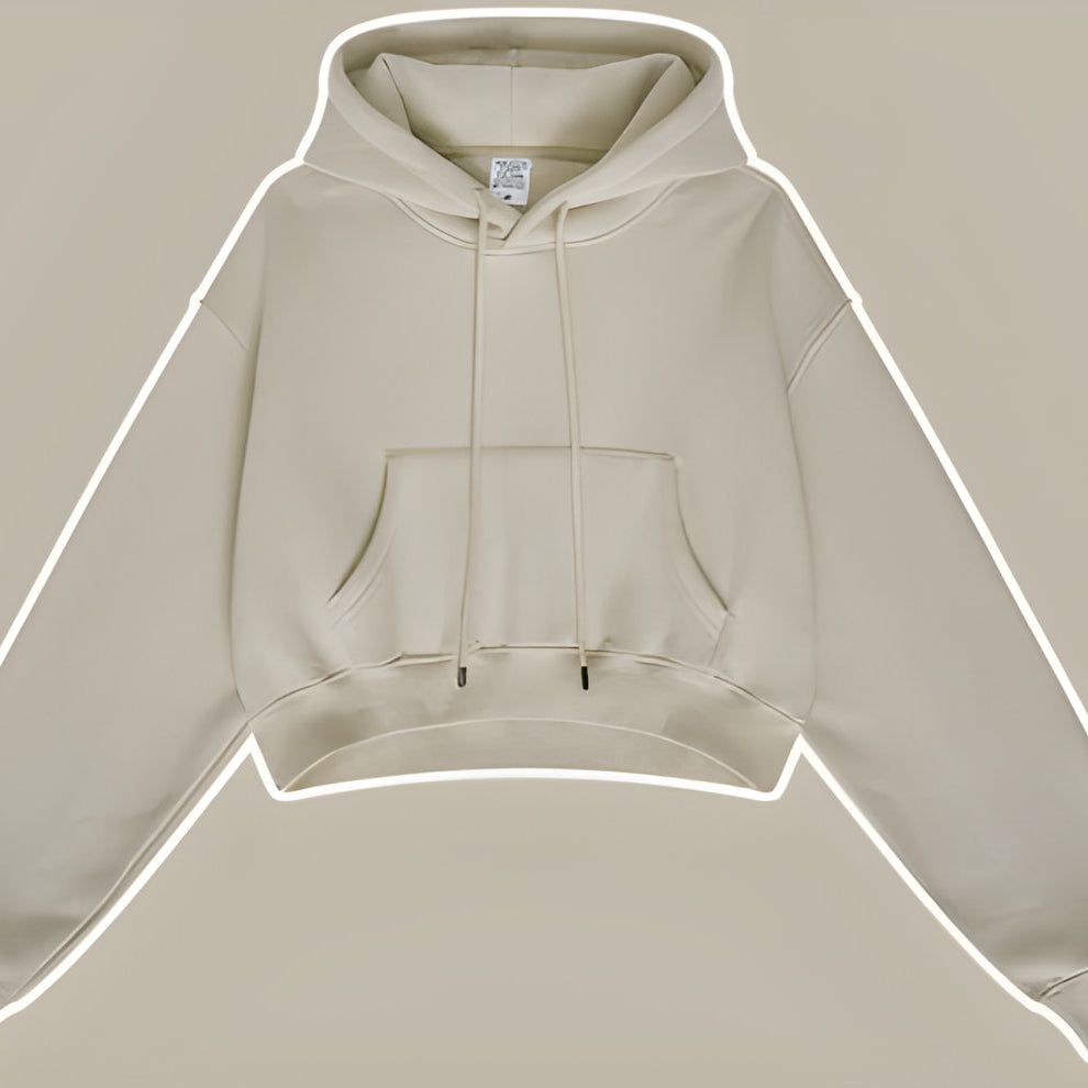 Beige cropped zip-up hoodie with pocket, perfect for trendy winter fashion ملابس