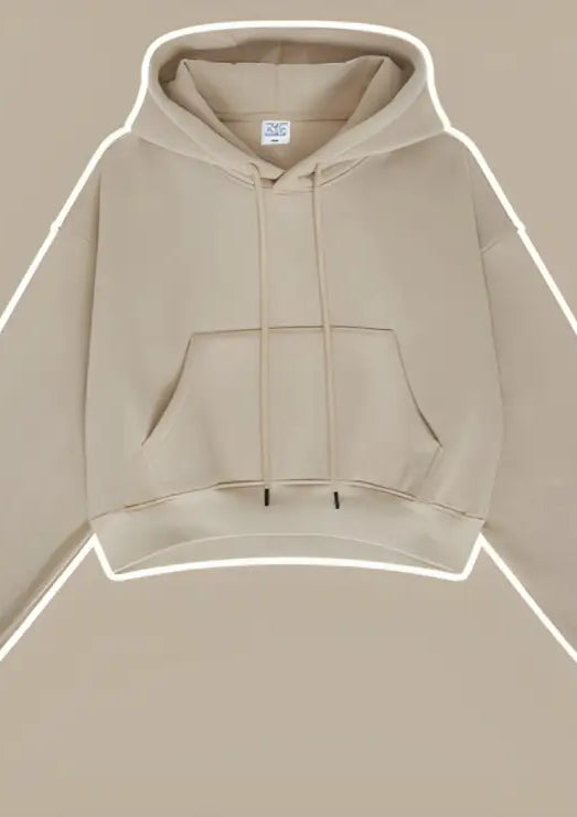 Langry beige cropped hoodie sweatshirt with front pocket and drawstrings
