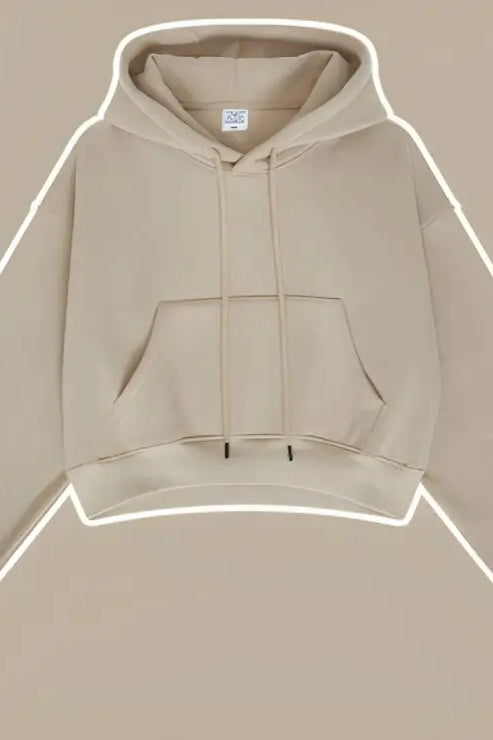 Langry beige cropped hoodie sweatshirt with front pocket and drawstrings