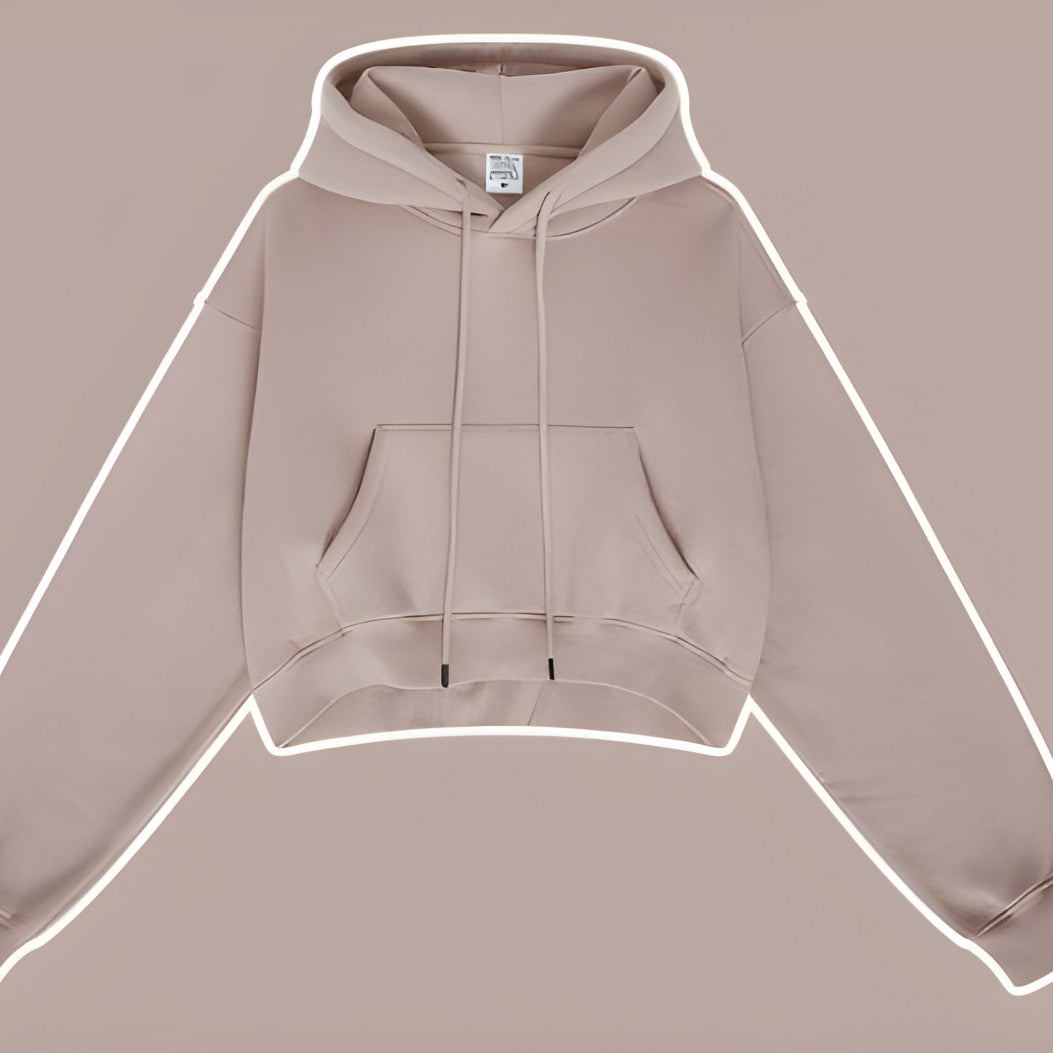 Beige cropped zip-up hoodie with front pocket and drawstrings in Winter Retro Hooded Pullover