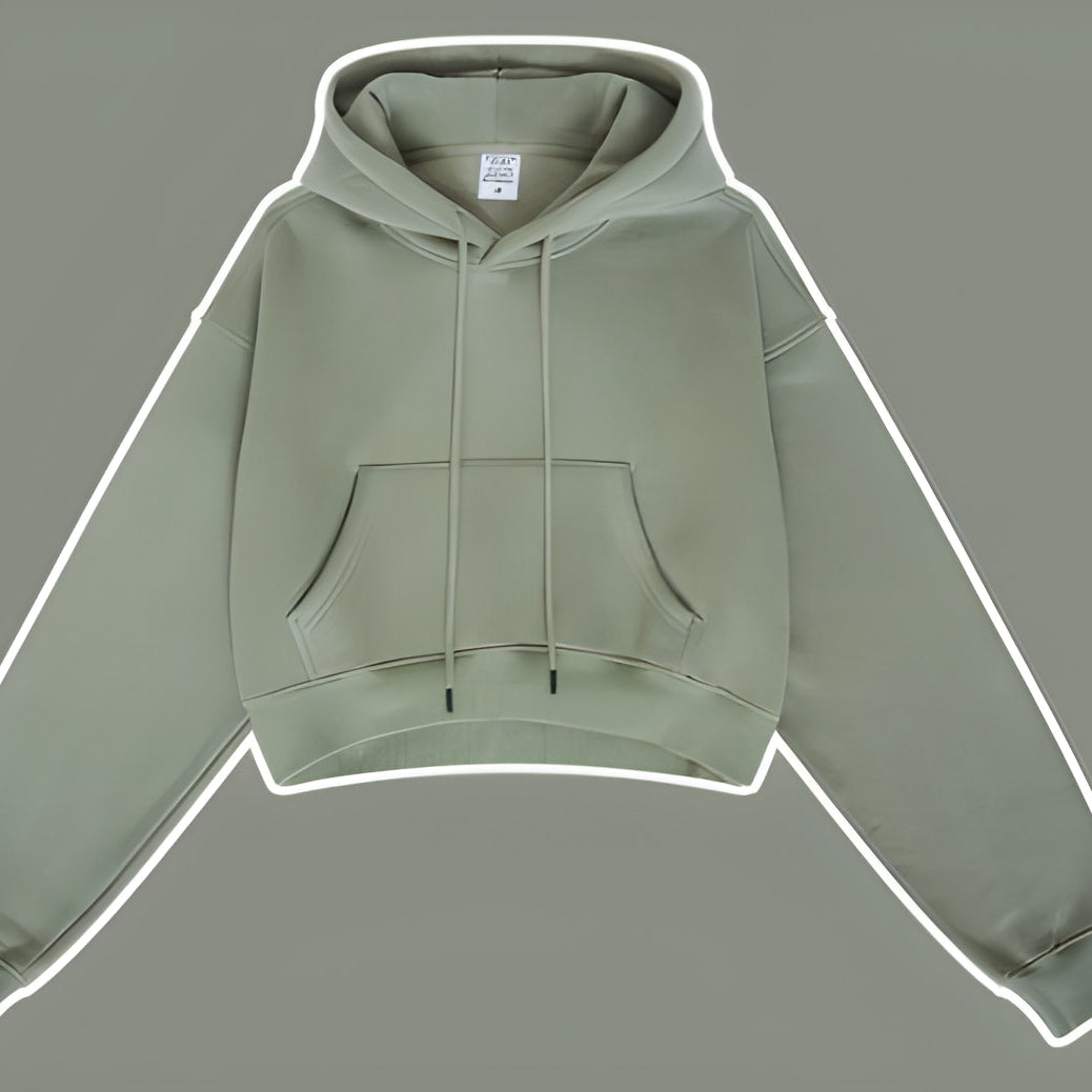 Sage green cropped hoodie sweatshirt with pocket, perfect for Winter Retro fashion ملابس