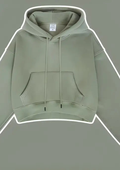 Sage green cropped langry fashion hoodie with front pocket, Winter Retro Pullover