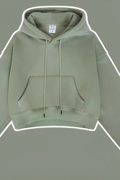 Sage green cropped langry fashion hoodie with front pocket, Winter Retro Pullover