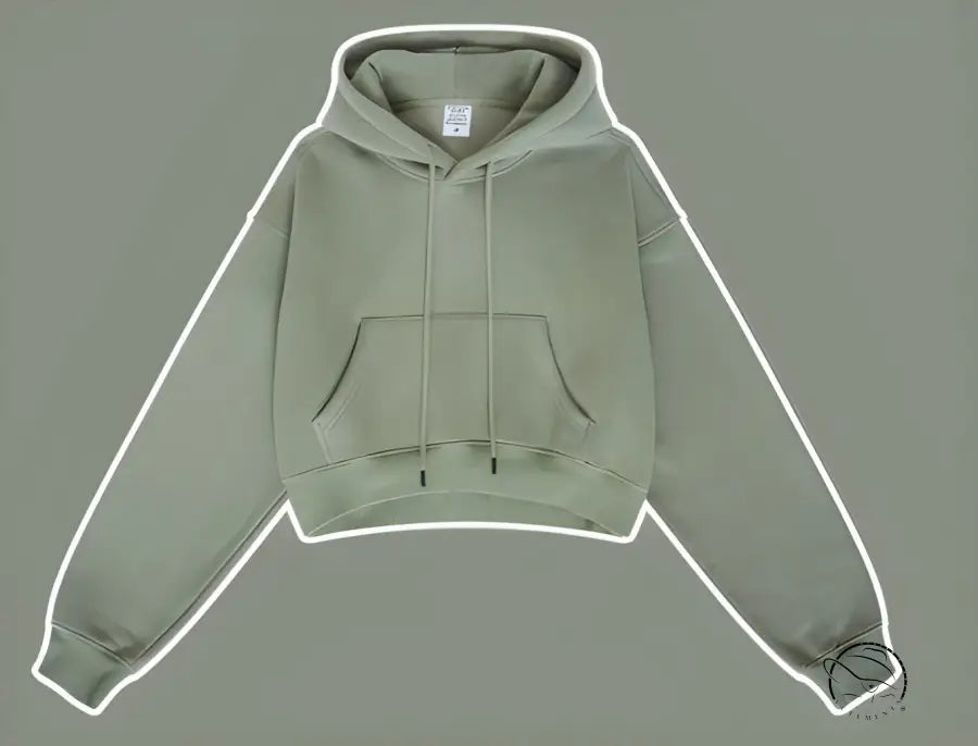 Sage green cropped langry fashion hoodie with front pocket, Winter Retro Pullover