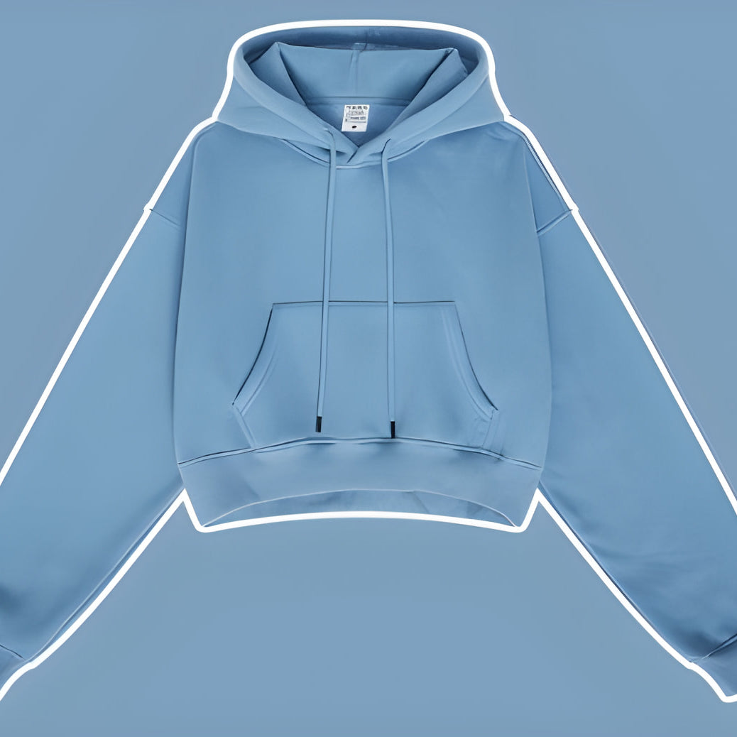 Light blue cropped hoodie sweatshirt with pocket and drawstrings, stylish fashion ملابس