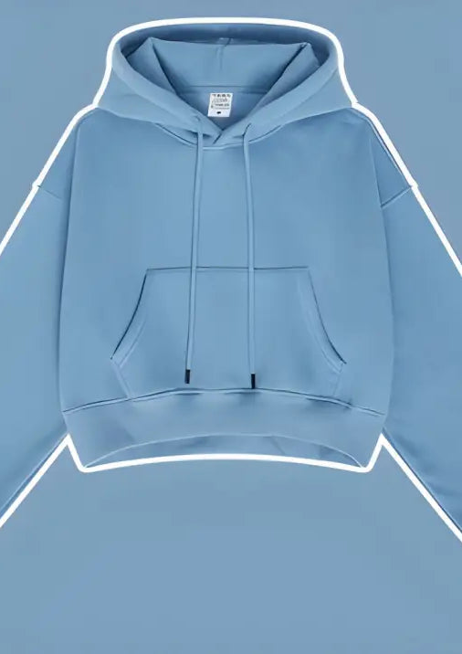Light blue langry cropped fashion hoodie with pocket and drawstrings