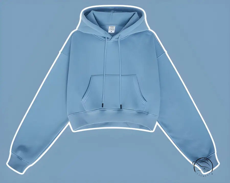 Light blue langry cropped fashion hoodie with pocket and drawstrings