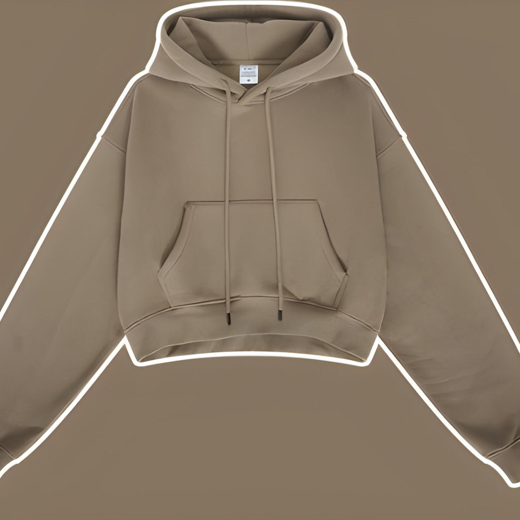 Beige cropped hoodie sweatshirt with front pocket, a trendy choice for winter fashion ملابس