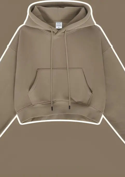 Beige cropped langry fashion hoodie sweatshirt with pocket and drawstrings
