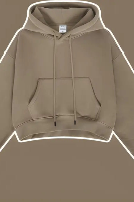 Beige cropped langry fashion hoodie sweatshirt with pocket and drawstrings