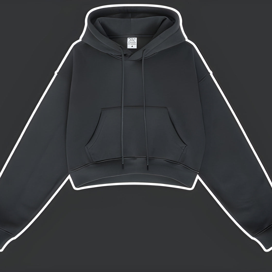 Black cropped hoodie sweatshirt with white outline edges for trendy winter fashion