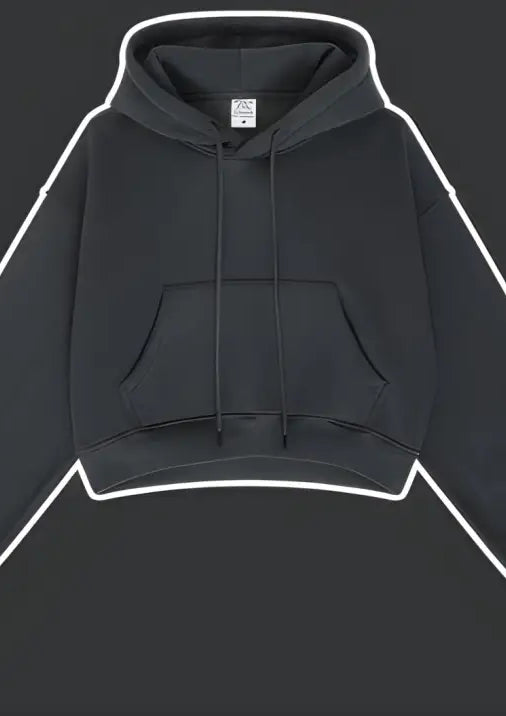 Langry black cropped hoodie sweatshirt with white outline edges, winter retro fashion pullover