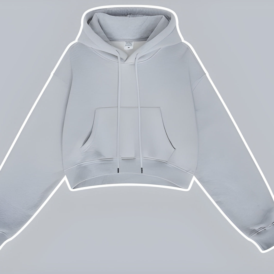 Light gray cropped hoodie sweatshirt from Langry, featuring front pocket and drawstrings