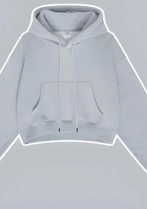 Light gray cropped langry fashion hoodie pullover with pocket and drawstrings