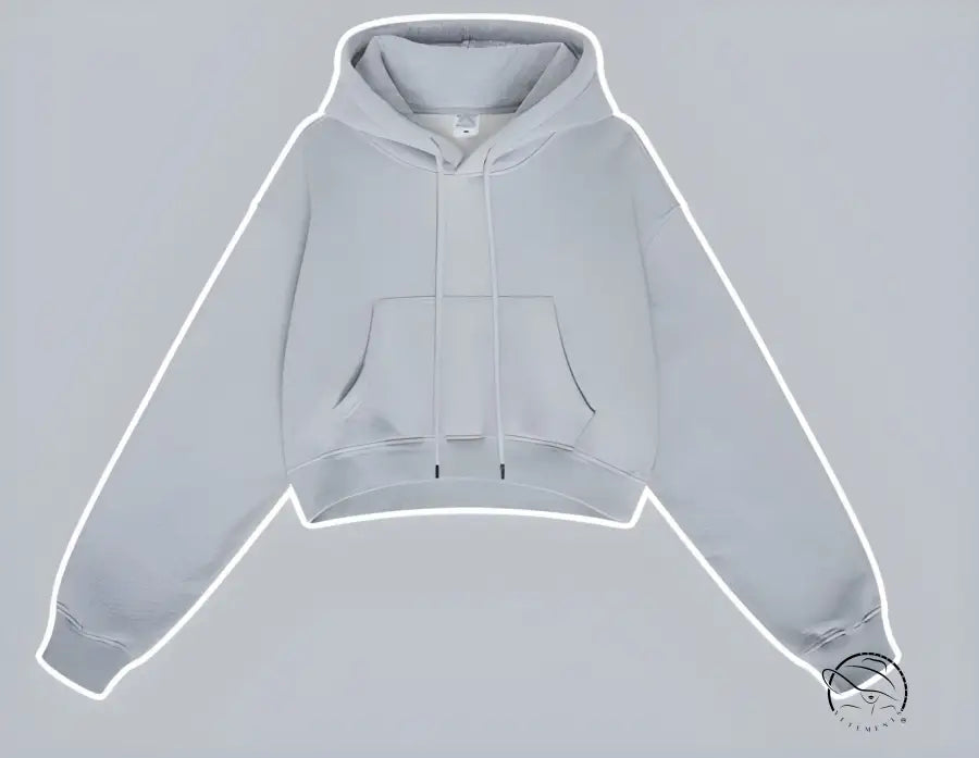 Light gray cropped langry fashion hoodie pullover with pocket and drawstrings
