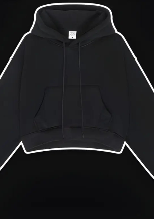 Langry black cropped zip-up hoodie with white piping, winter retro fashion pullover