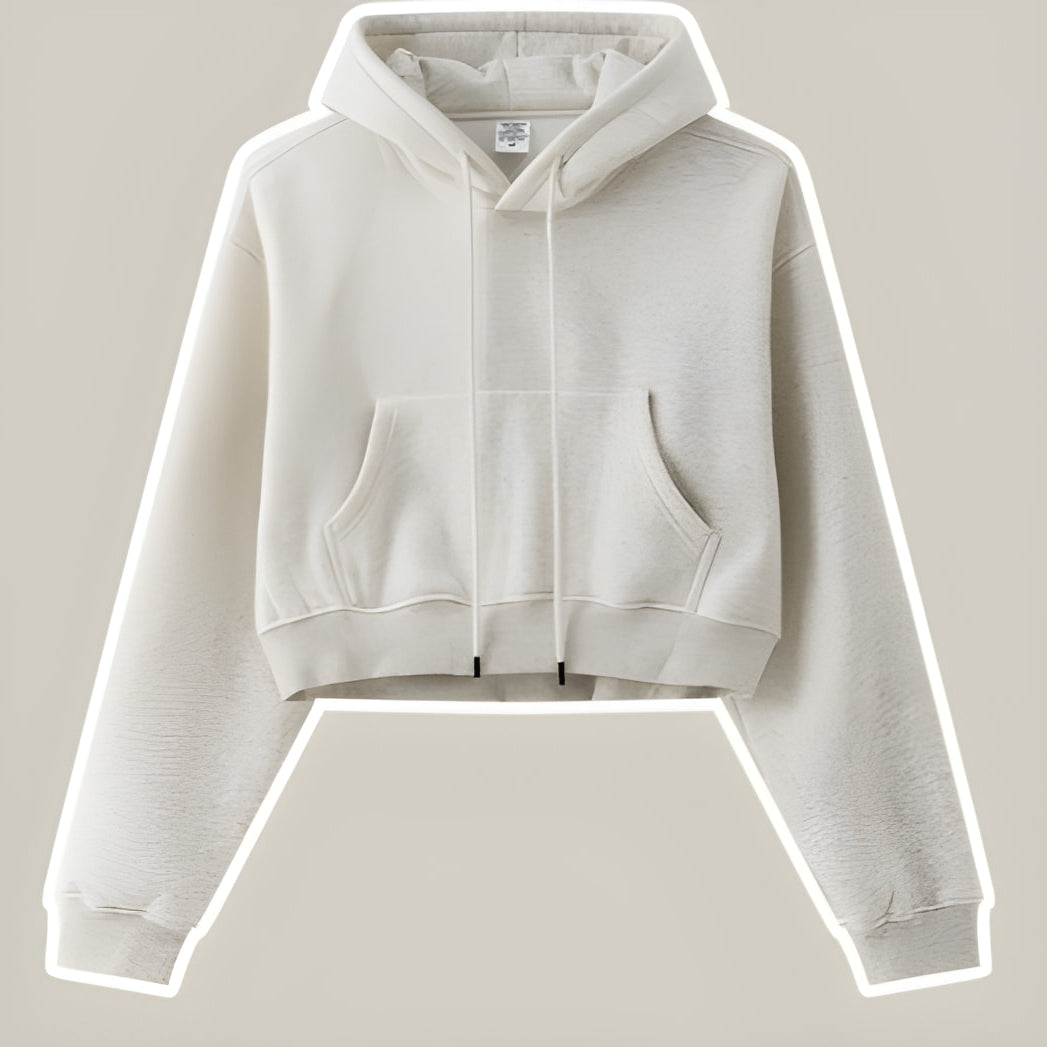 Cropped beige cotton hoodie with pocket and drawstring for stylish winter fashion ملابس
