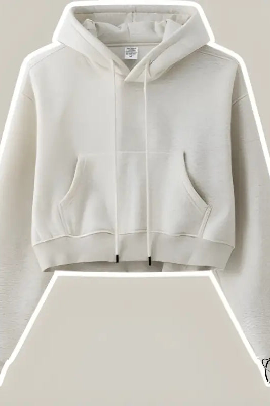 Langry winter retro hooded pullover: cropped beige cotton hoodie with front pocket and drawstring hood