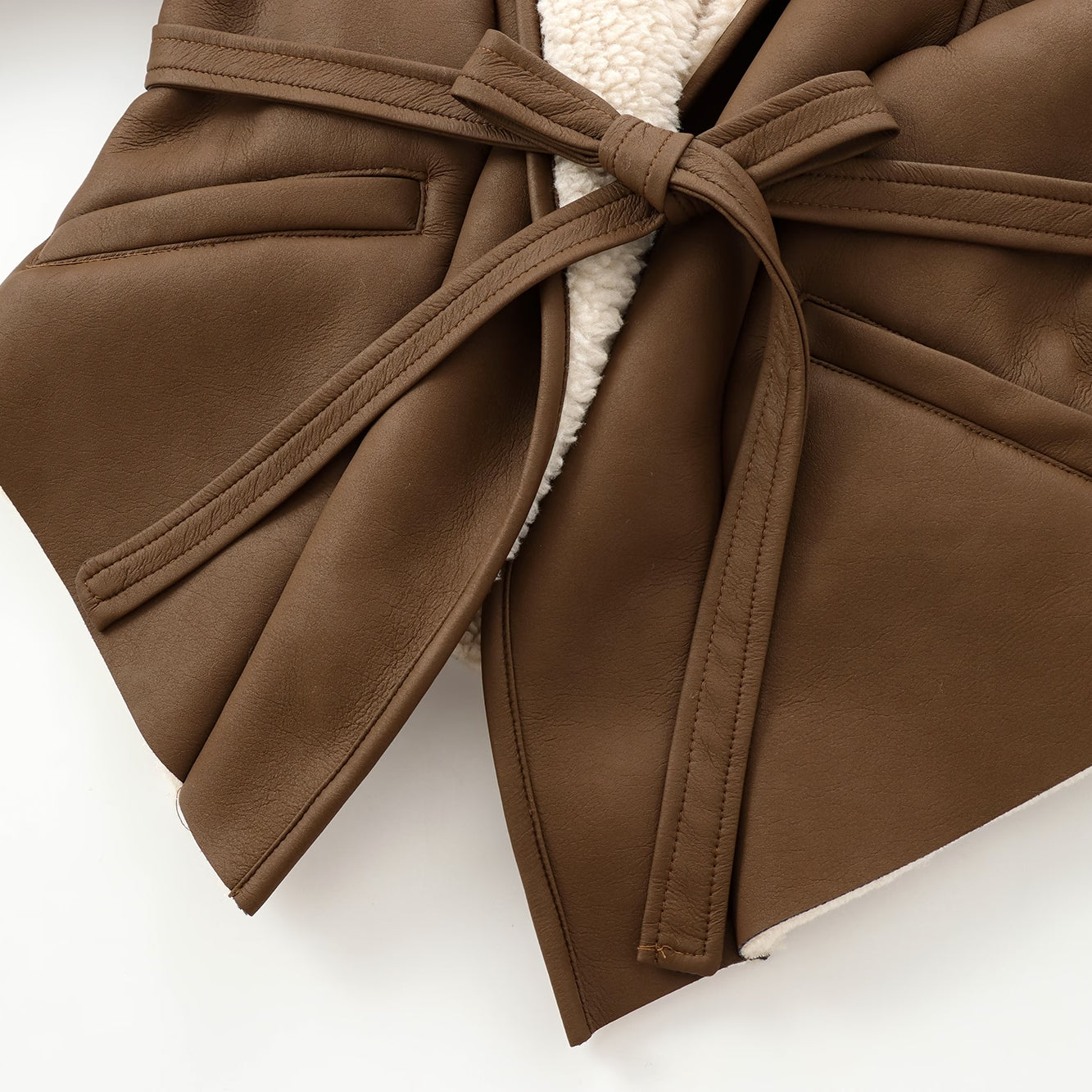 Brown faux leather jacket with tie from Cozy Leather Jacket, stylish langry fashion ملابس