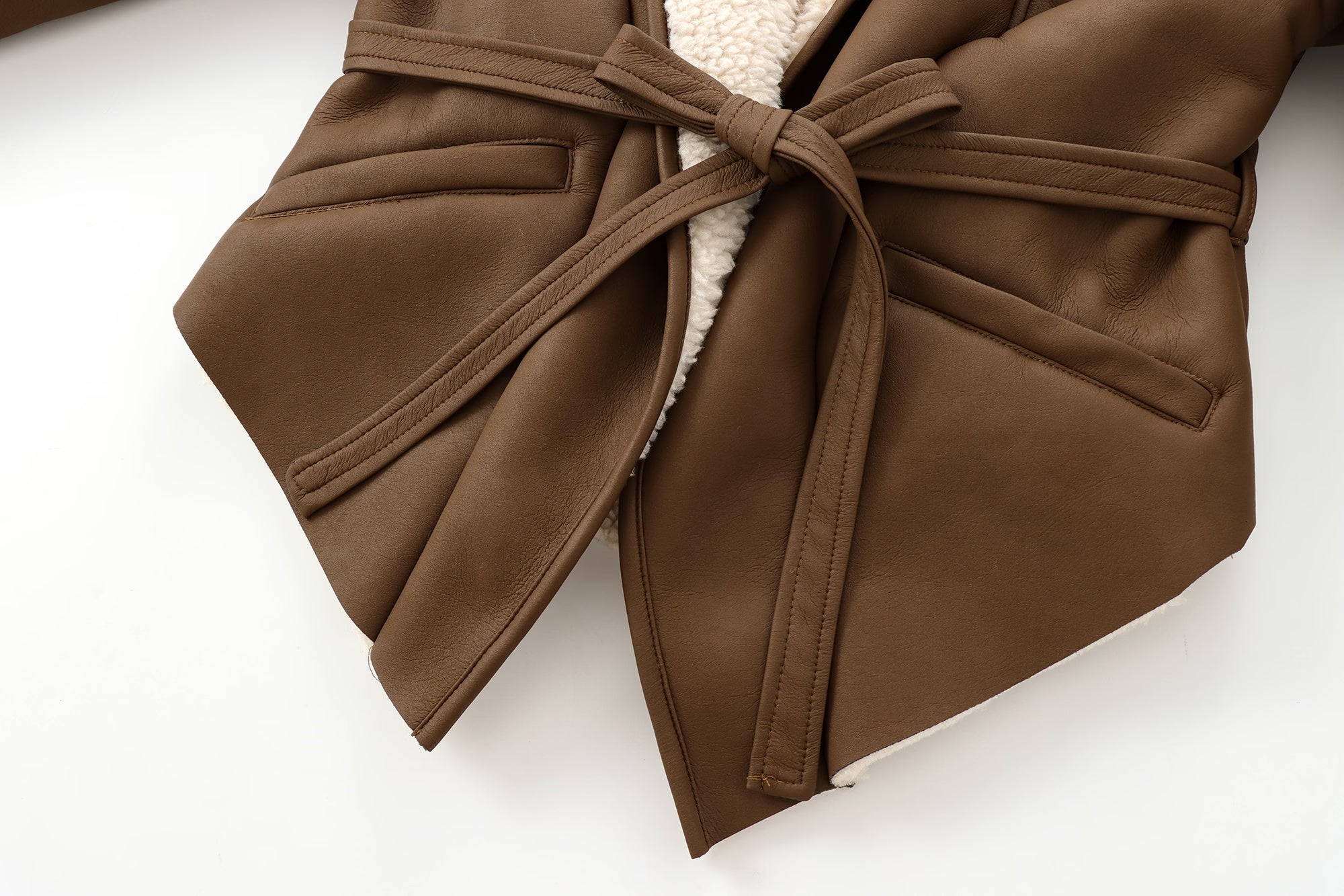 Brown faux leather jacket with tie from Cozy Leather Jacket, stylish langry fashion ملابس