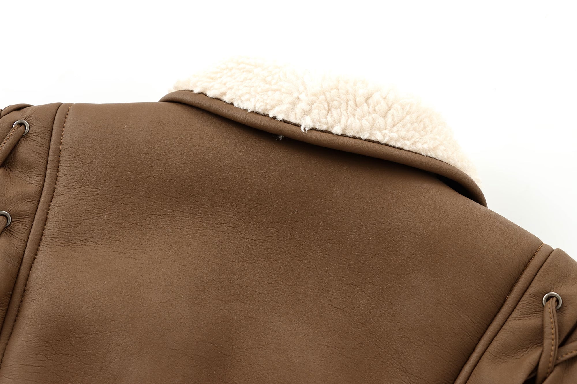 Brown leather jacket with white fur collar from Cozy Leather Jacket, perfect for langry fashion and ملابس style