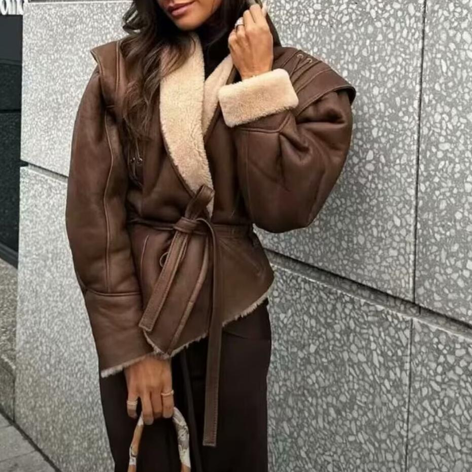 Brown shearling belted jacket from Cozy Leather Jacket for luxury fashion and ملابس enthusiasts