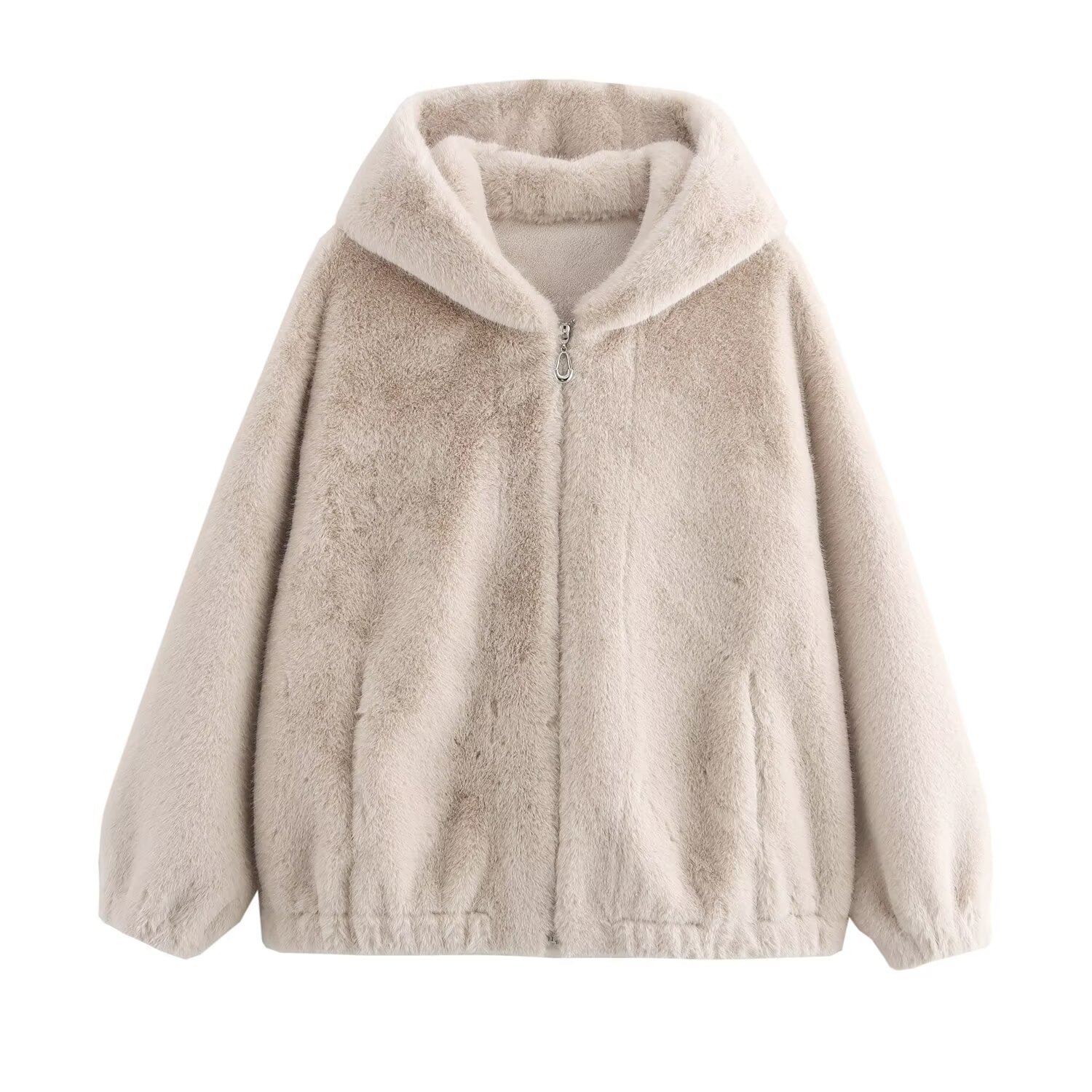 Beige faux fur hooded jacket from Langry, a fashionable Winter Korean Loose Short Coat