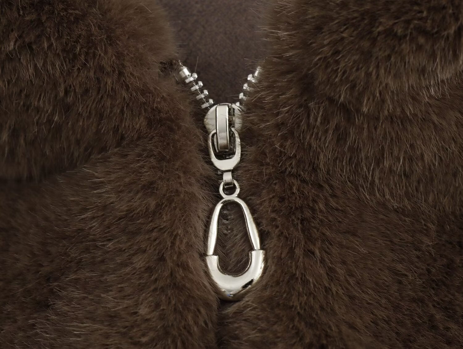Brown fur coat with silver zipper from Langry, perfect for winter fashion ملابس