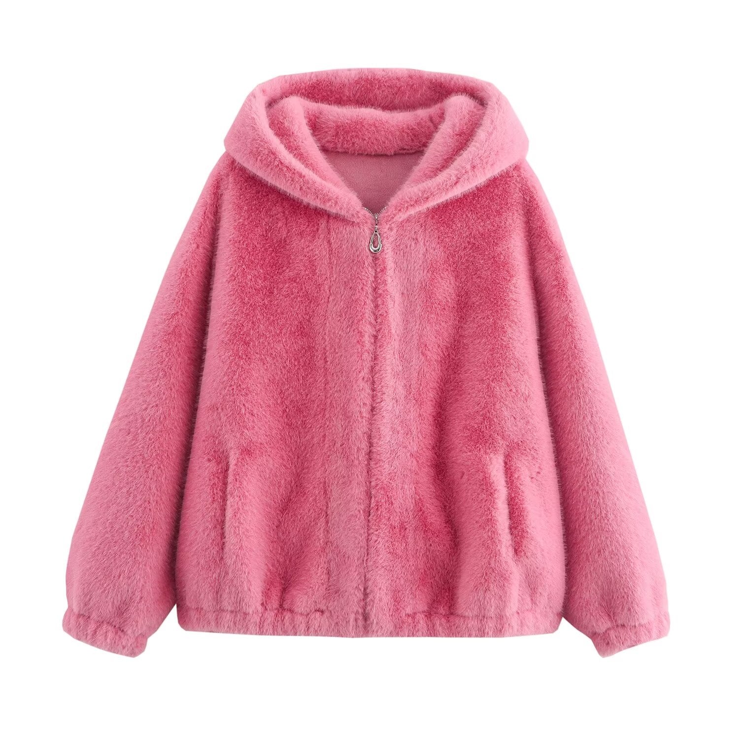 Pink faux fur hooded jacket from the Winter Korean Loose Short Coat collection by Langry
