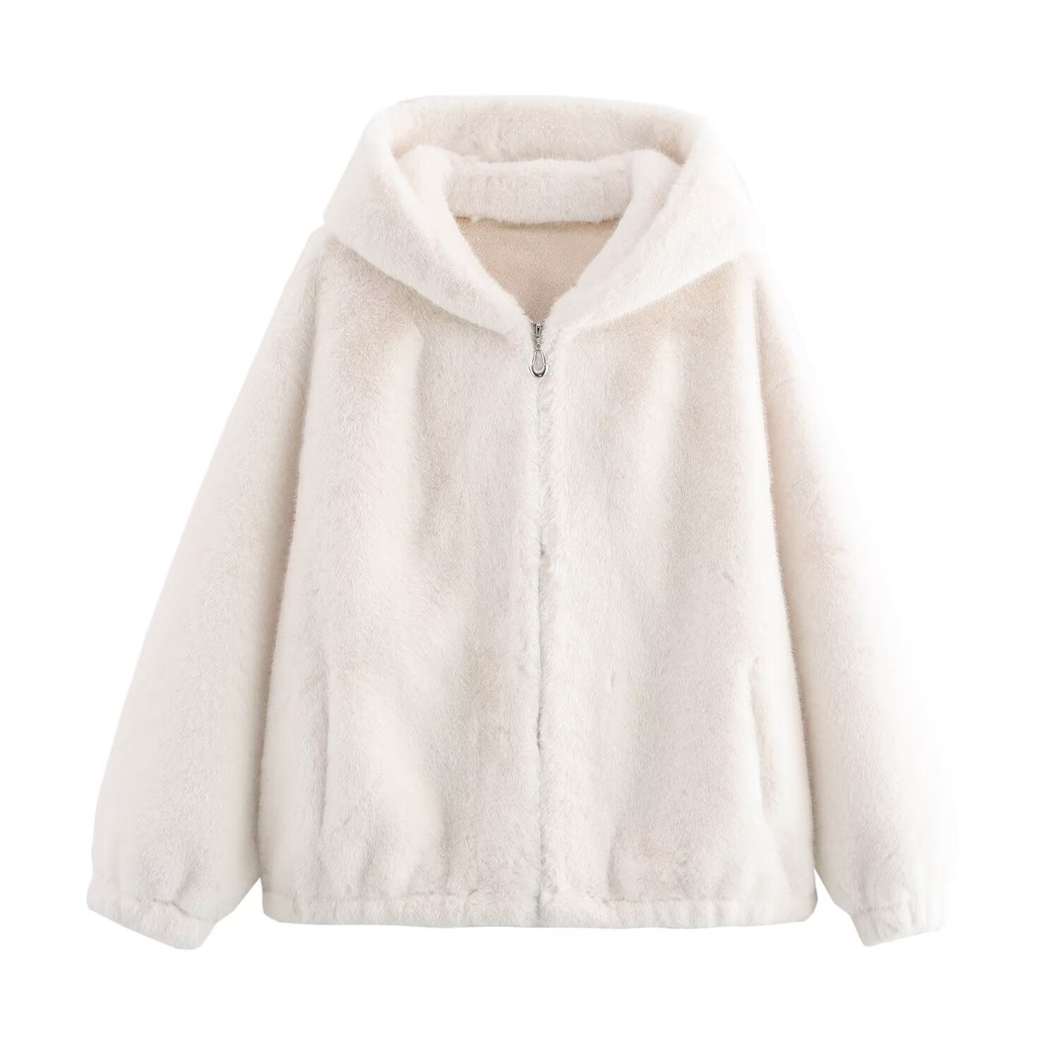 Stylish White Faux Fur Hooded Jacket from Winter Korean Loose Short Coat collection