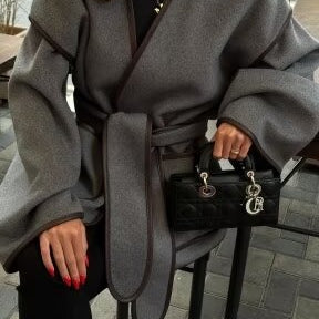 Gray long-sleeved reversible woolen coat with tie belt and dark trim for fashionable ملابس