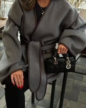 Gray long-sleeved reversible woolen coat with tie belt and dark trim for fashionable ملابس