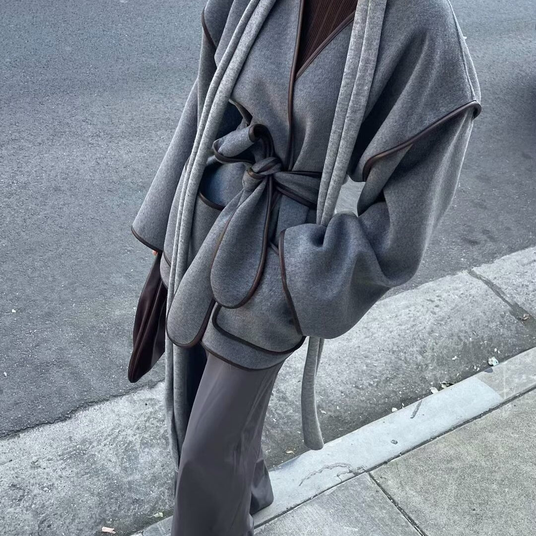 Fashionable Color Reversible Woolen Coat featuring grey wrap design, dark brown trim, and self-tie belt for stylish ملابس and langry fashion
