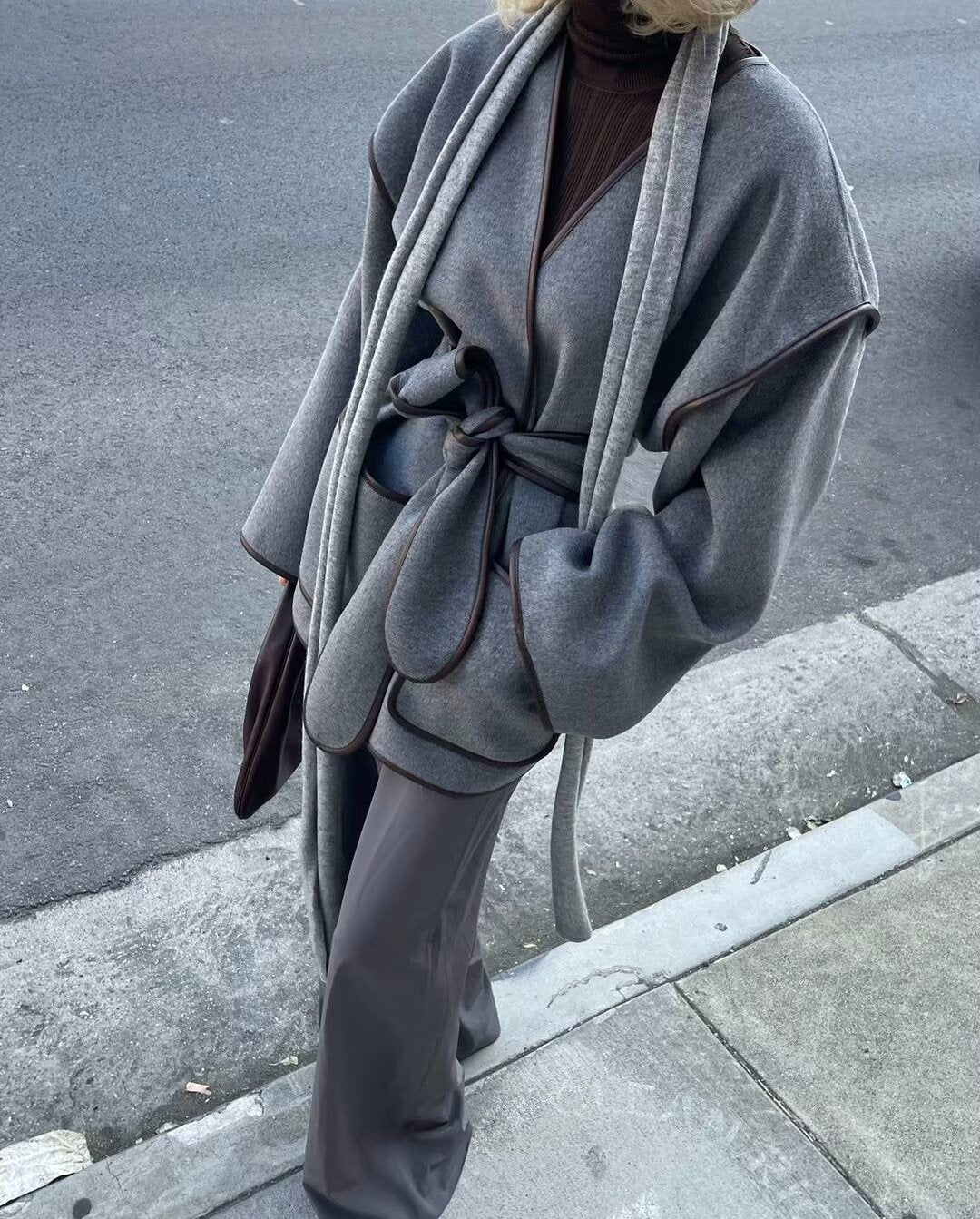 Fashionable Color Reversible Woolen Coat featuring grey wrap design, dark brown trim, and self-tie belt for stylish ملابس and langry fashion