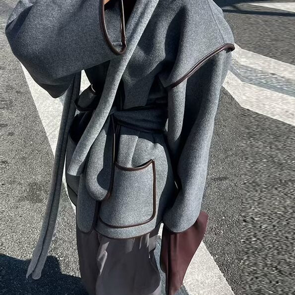 Gray wool coat with dark brown piping and matching tie belt from Fashionable Color Reversible Woolen Coat, perfect for stylish ملابس and langry fashion