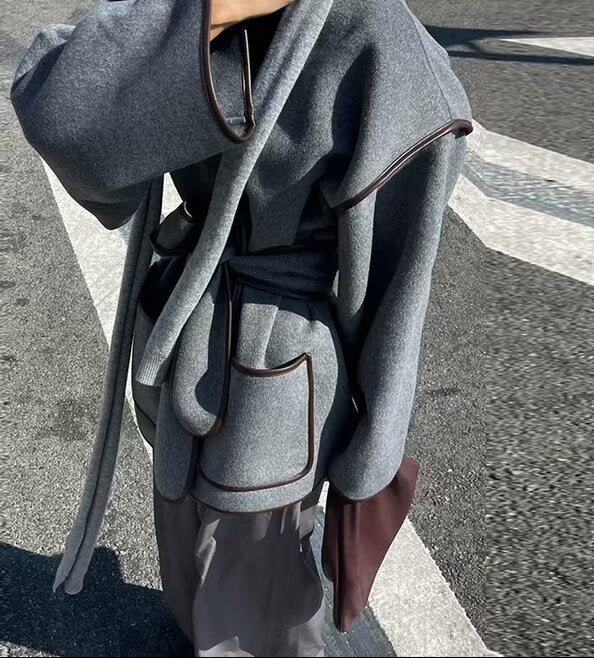 Gray wool coat with dark brown piping and matching tie belt from Fashionable Color Reversible Woolen Coat, perfect for stylish ملابس and langry fashion