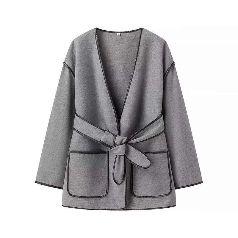 Grey open-front cardigan with black trim and tied waist belt, stylish ملابس for fashion