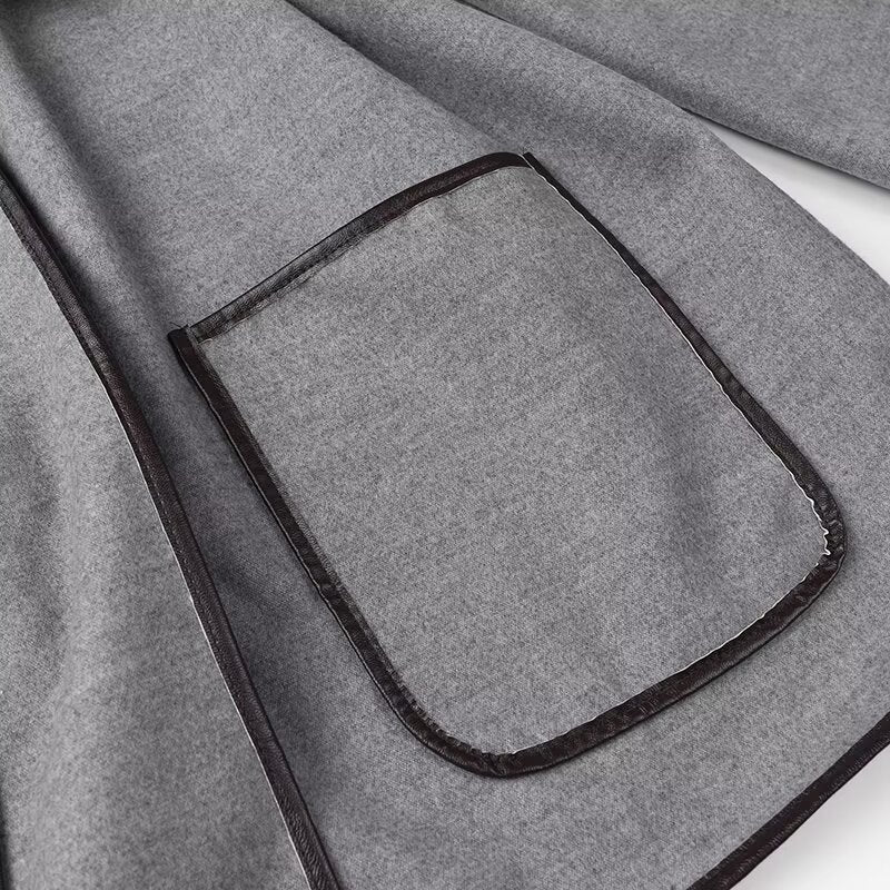 Gray fabric with black trim pocket on Fashionable Color Reversible Woolen Coat for stylish ملابس