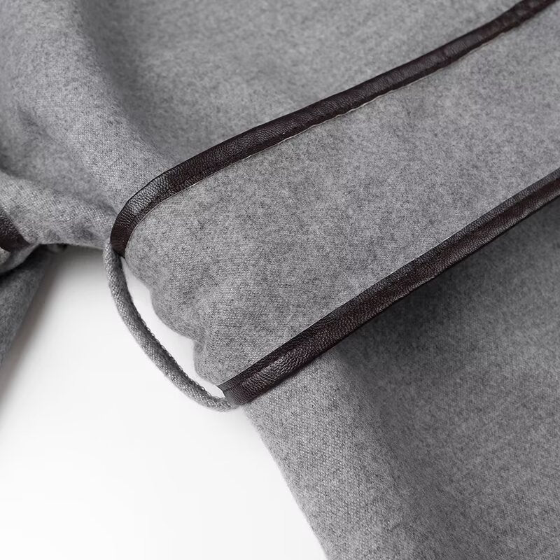Gray fabric with dark leather trim on Fashionable Color Reversible Woolen Coat for stylish ملابس