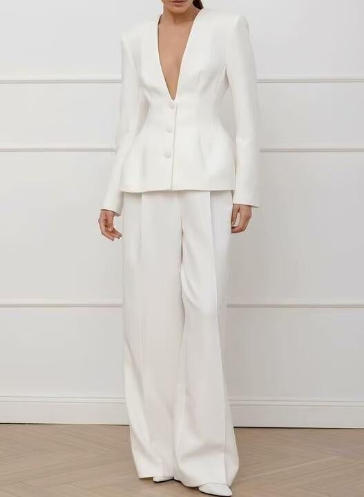 Elegant white Langry fashion suit with peplum blazer and wide-leg pants