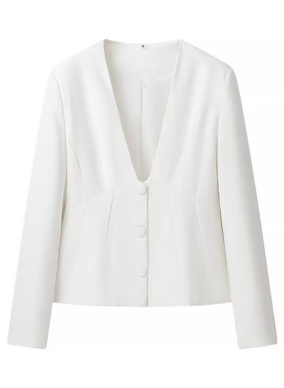 Elegant Langry white cropped blazer with deep V-neck and button closure, fashion ملابس