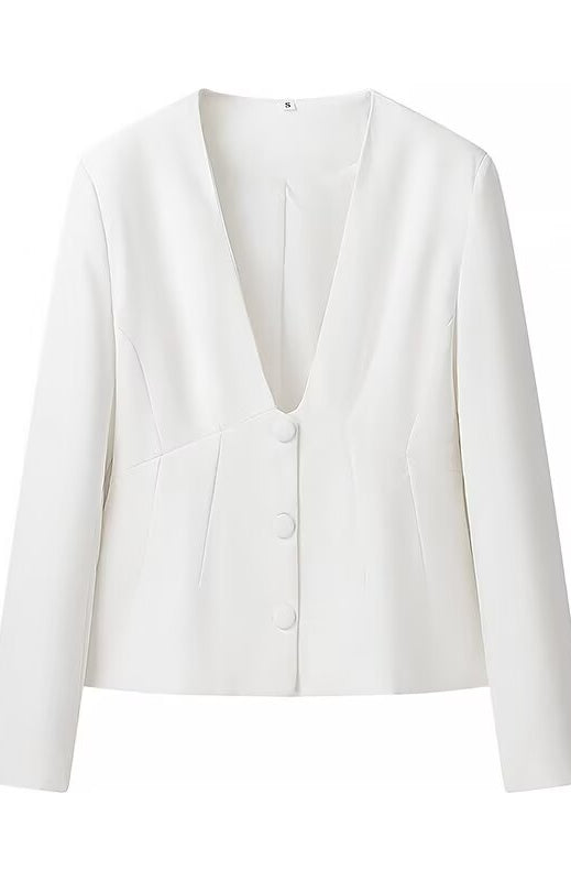Elegant Langry white cropped blazer with deep V-neck and button closure, fashion ملابس