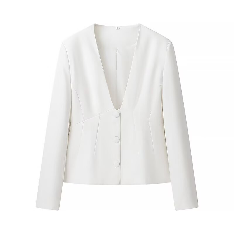 Elegant Langry white cropped blazer with deep V-neck and button closure, fashion ملابس