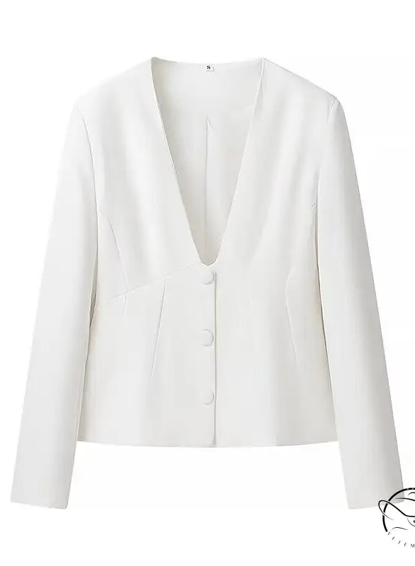 Elegant langry white cropped blazer with deep v-neck button closure, fashion suit